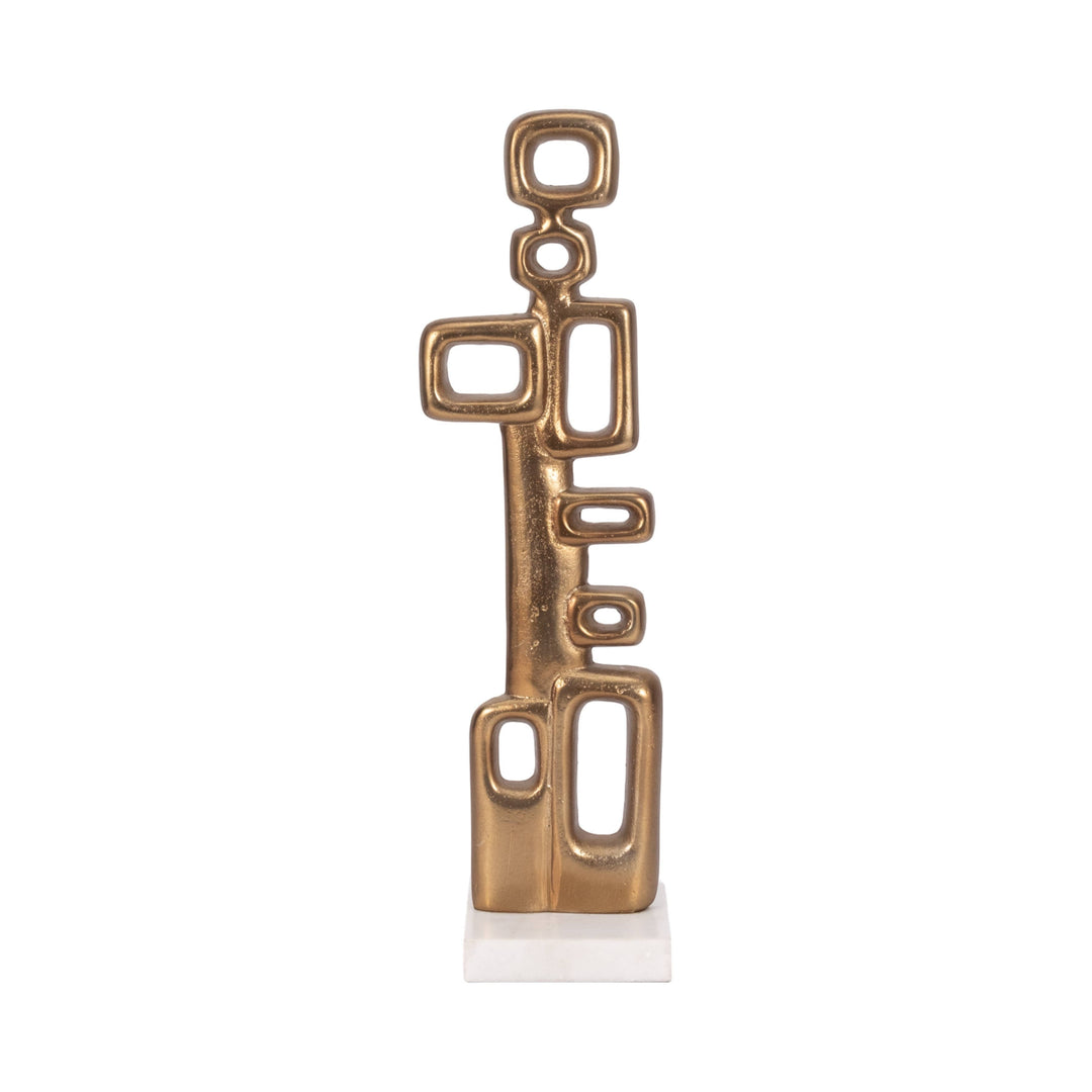 Chic Collective gold abstract metal sculpture with open rectangle shapes on a white marble base.