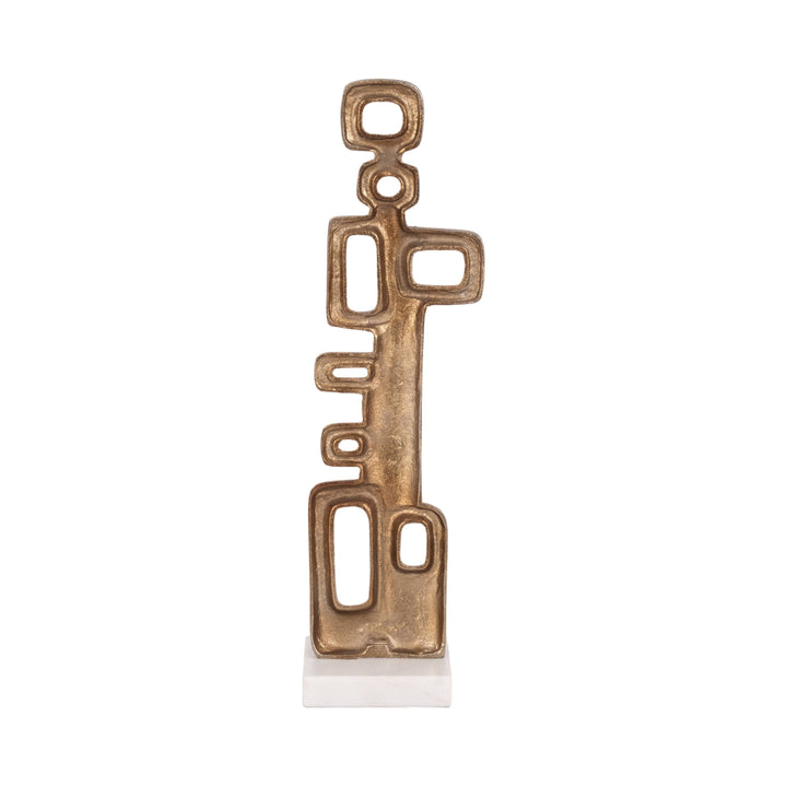 Chic Collective gold abstract metal sculpture with open rectangle design on a white marble base.