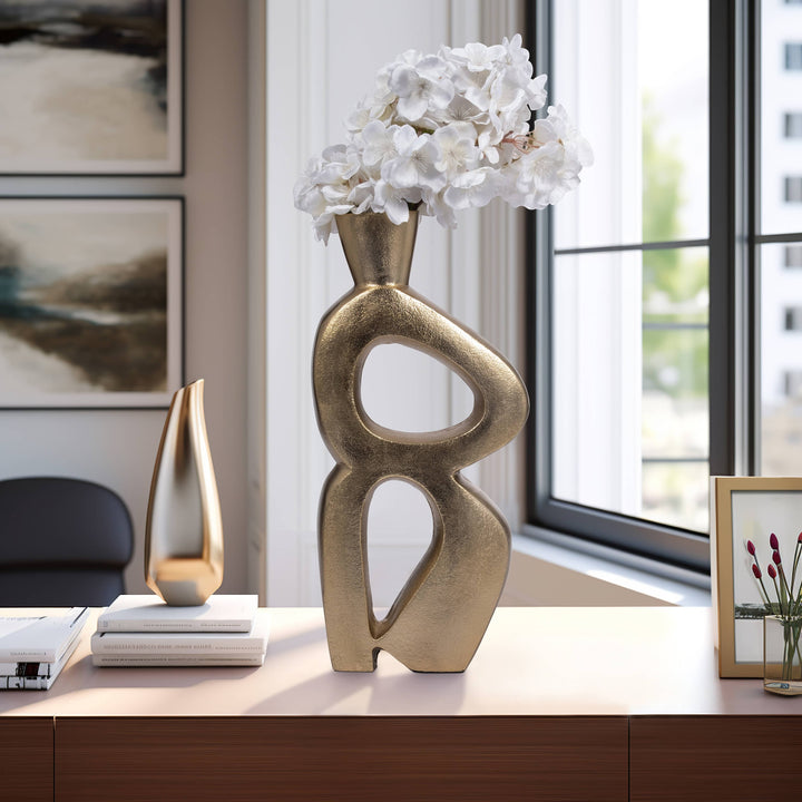 Chic Collective gold abstract art ceramic vase with white flowers, 15 inches tall, modern luxe decor.