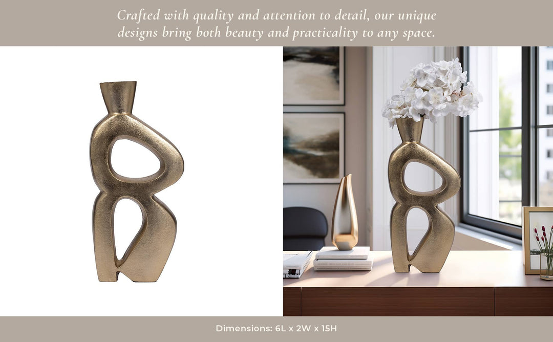 Chic Collective gold abstract art ceramic vase, 15 inches tall, with open cutouts and a modern sculptural design.