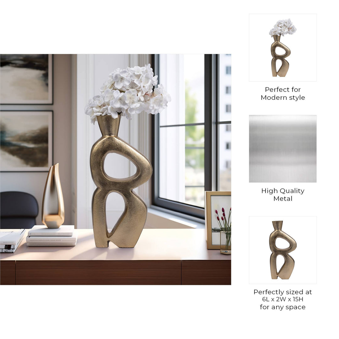 Chic Collective gold abstract art ceramic vase with white flowers, 15 inches tall, modern design.