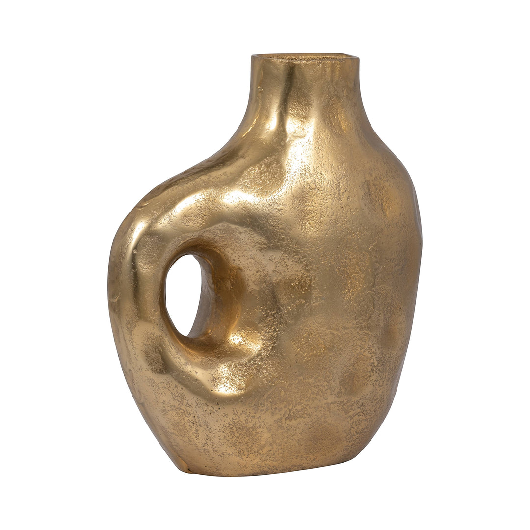 Chic Collective gold aluminum vase with hammered texture and cut-out detail. Modern, novelty design.