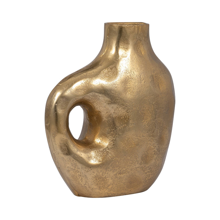 Chic Collective gold aluminum vase with hammered texture and cut-out detail. Modern, novelty design.