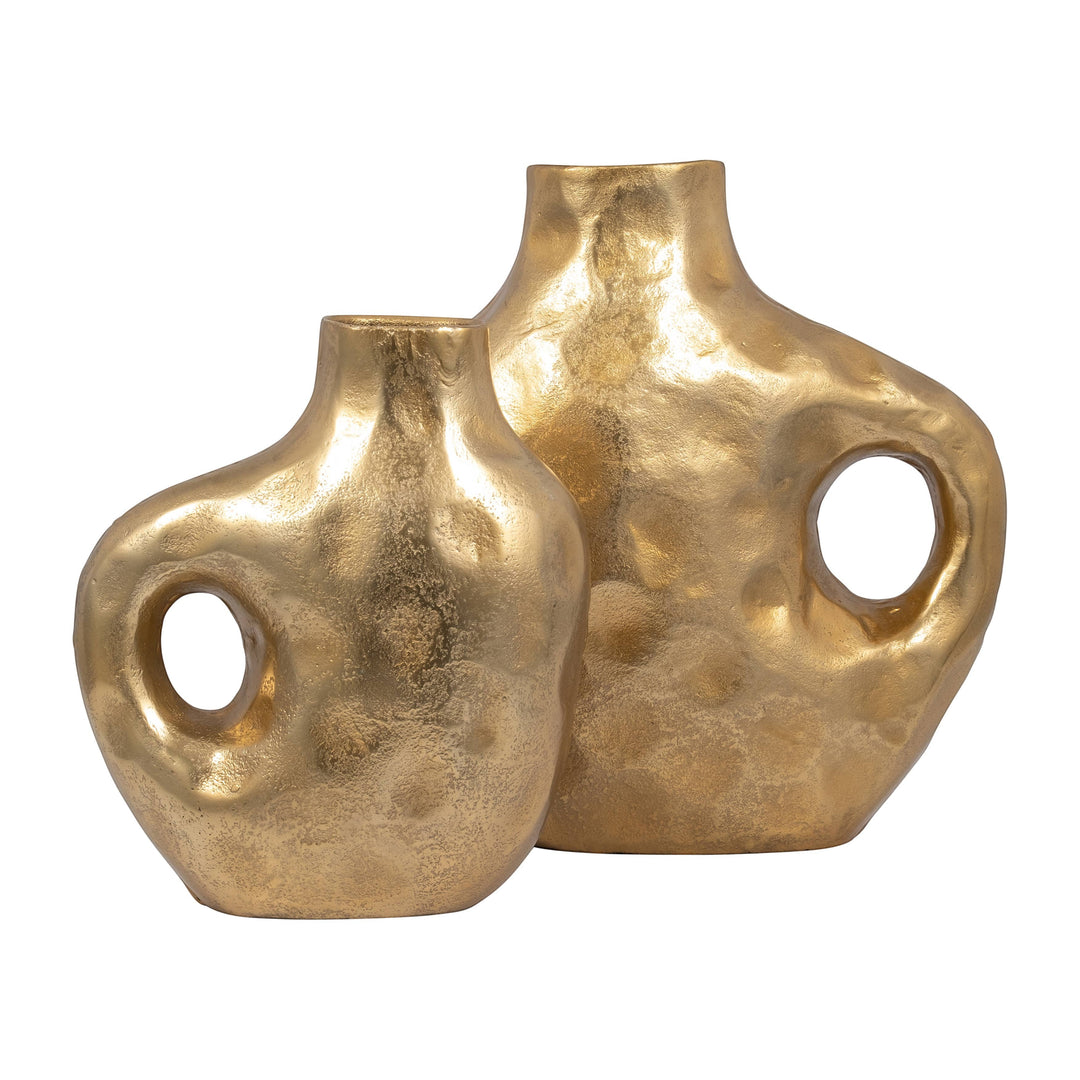 Chic Collective gold aluminum vases with hammered texture and cut-out handles, modern novelty design.