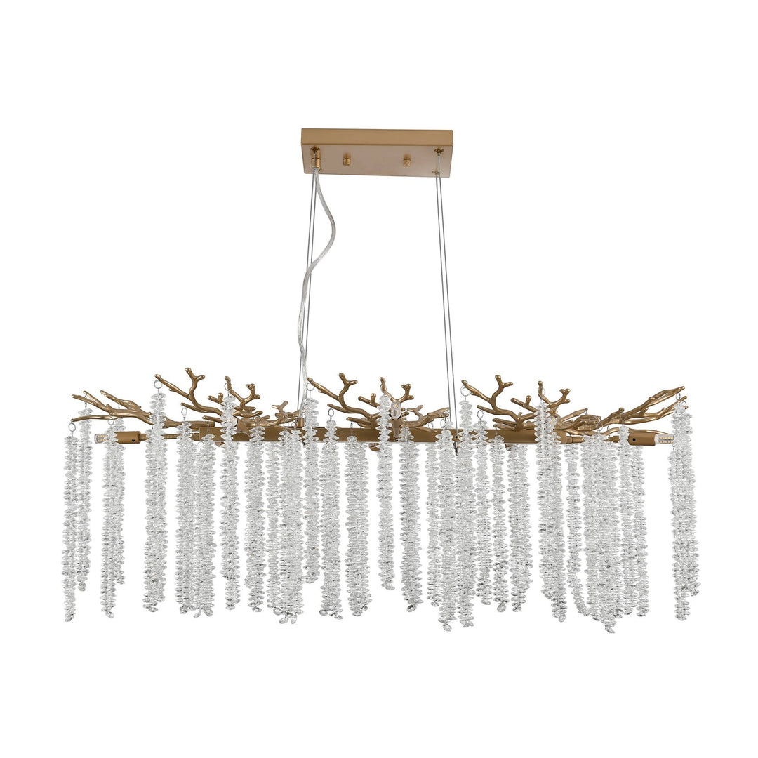 Chic Collective modern gold pendant light with cascading crystal strands and branch-like accents. Rectangular fixture.