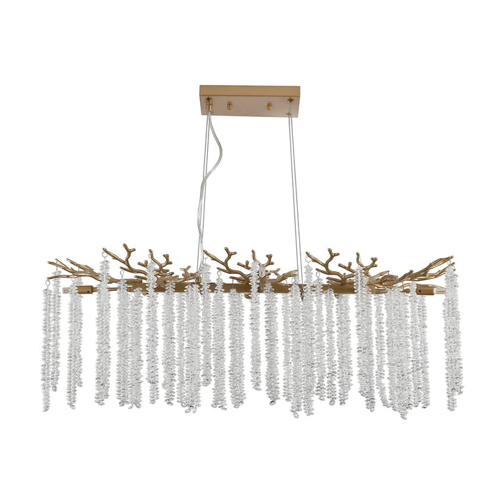 Chic Collective modern gold pendant light with cascading crystal strands and branch-like accents. Rectangular fixture.