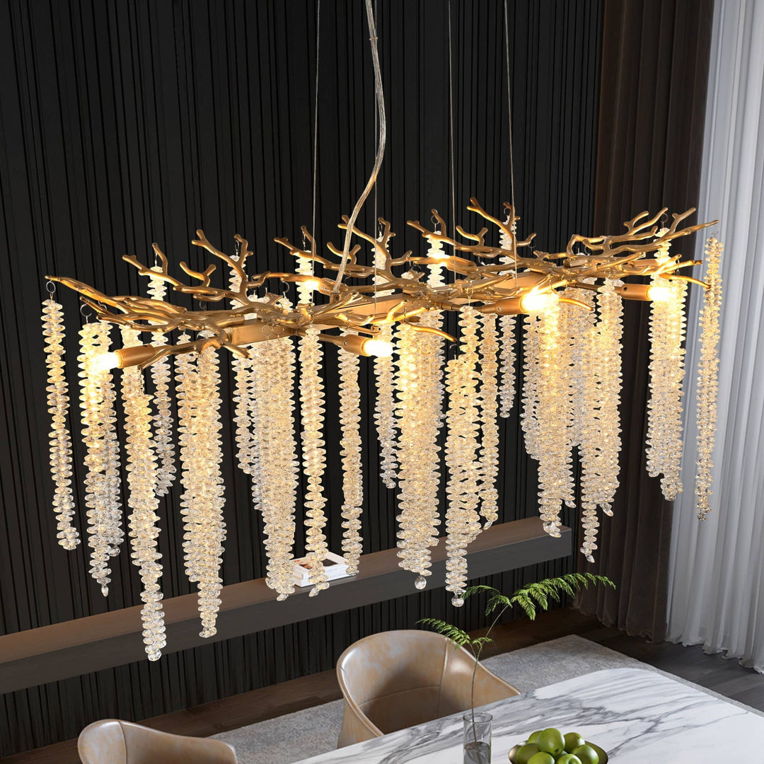 Chic Collective modern gold pendant light with cascading crystal strands, 39.4" waterfall design for dining room or living room.