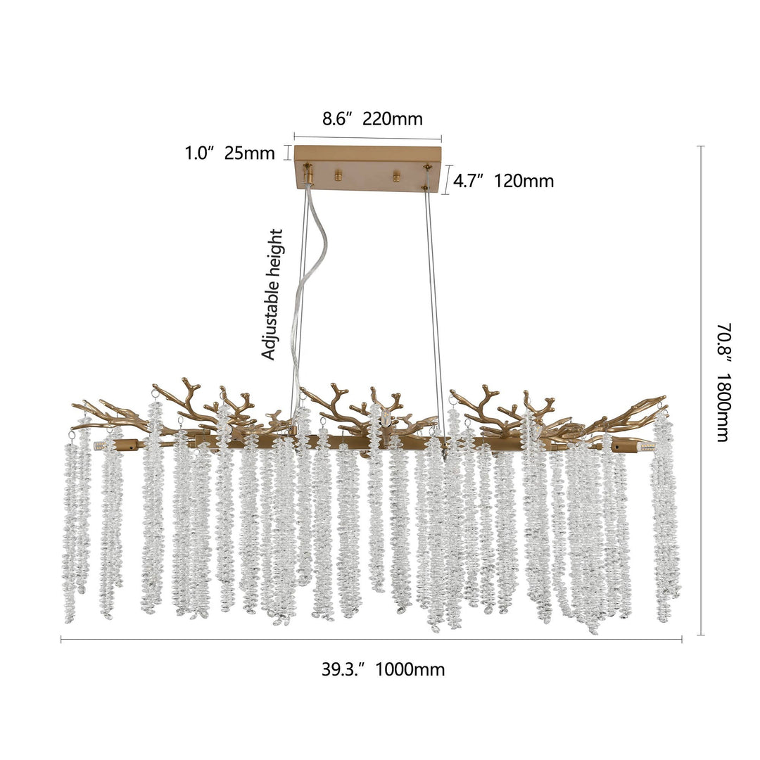 Chic Collective modern gold pendant light with cascading crystal strands and branch-like accents. Adjustable height.