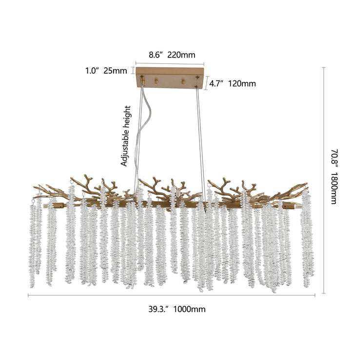 Chic Collective modern gold pendant light with cascading crystal strands and branch-like accents. Adjustable height.