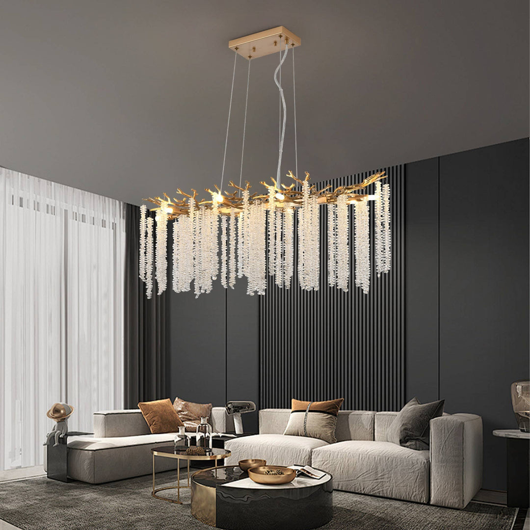 Chic Collective modern gold rectangular pendant light with cascading crystal strands, 39.4 inches, ideal for dining rooms.