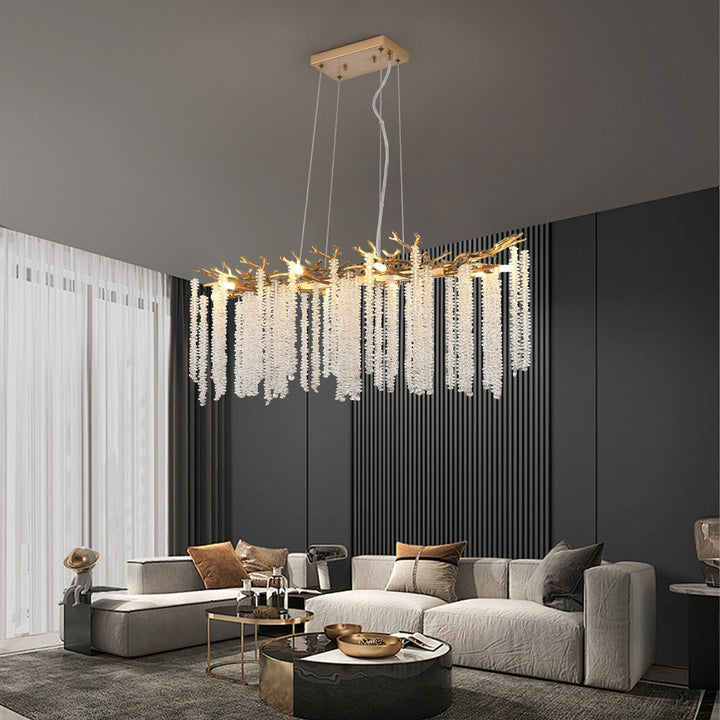 Chic Collective modern gold rectangular pendant light with cascading crystal strands, 39.4 inches, ideal for dining rooms.