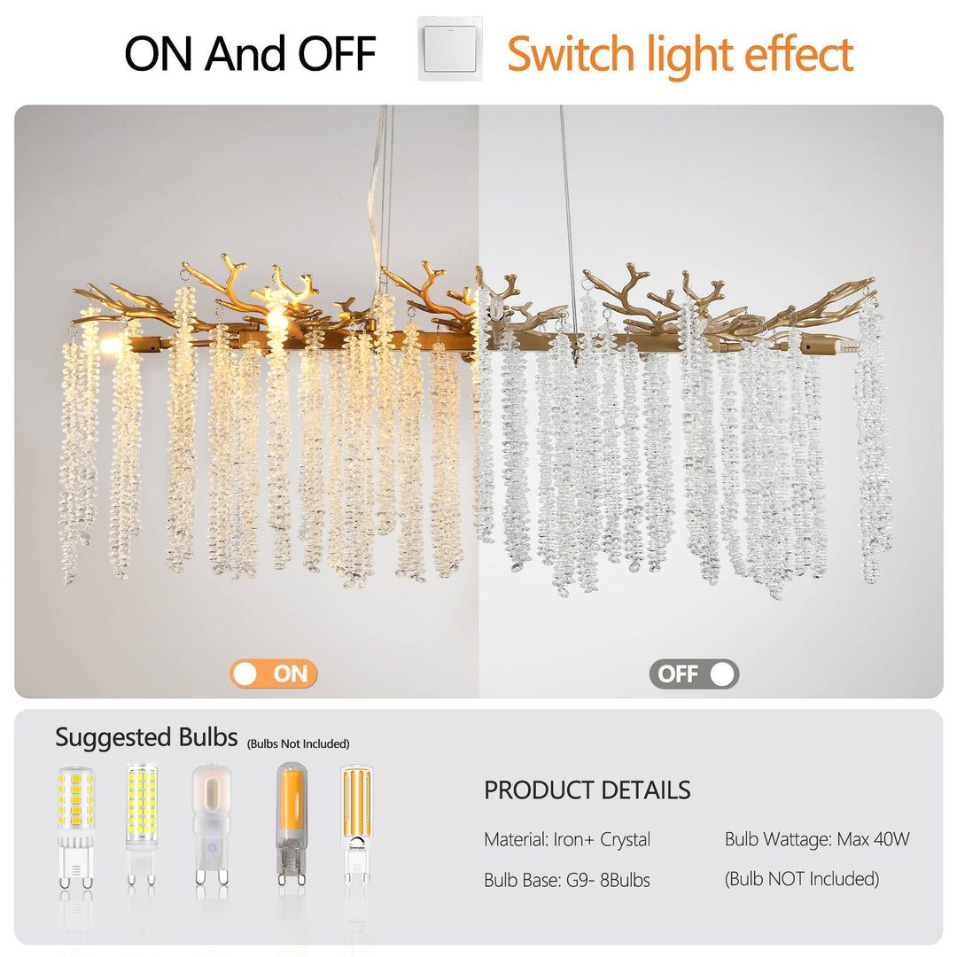 Chic Collective modern gold pendant light with cascading crystal strands and branch-like accents. Waterfall design.