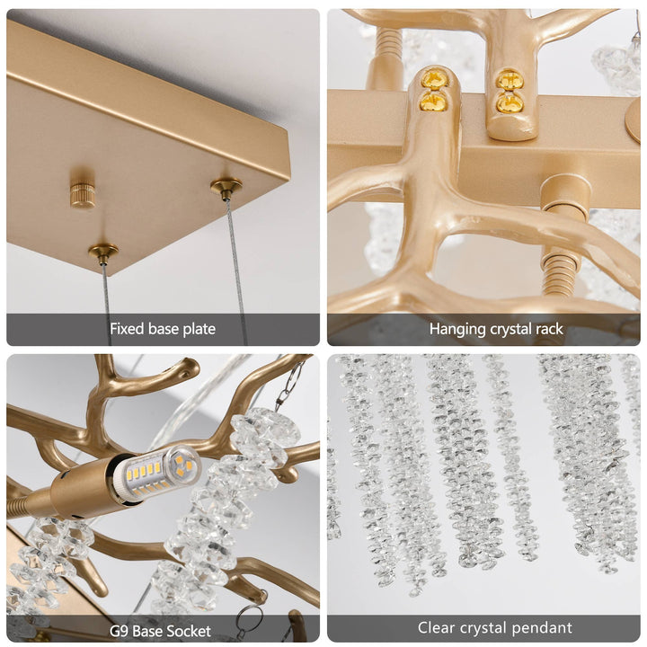 Chic Collective modern gold pendant light with cascading crystal strands and a G9 base socket. Features a fixed base plate and hanging crystal rack.