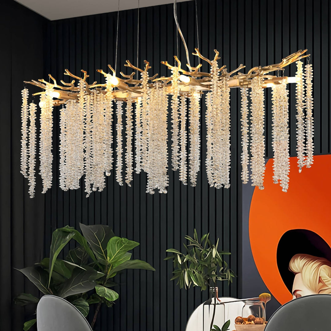 Chic Collective modern gold pendant light with cascading crystal strands, 39.4 inches, waterfall design, ideal for dining room.
