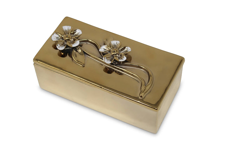 Chic Collective oblong gold decorative box with raised floral design on lid, perfect for trinkets.