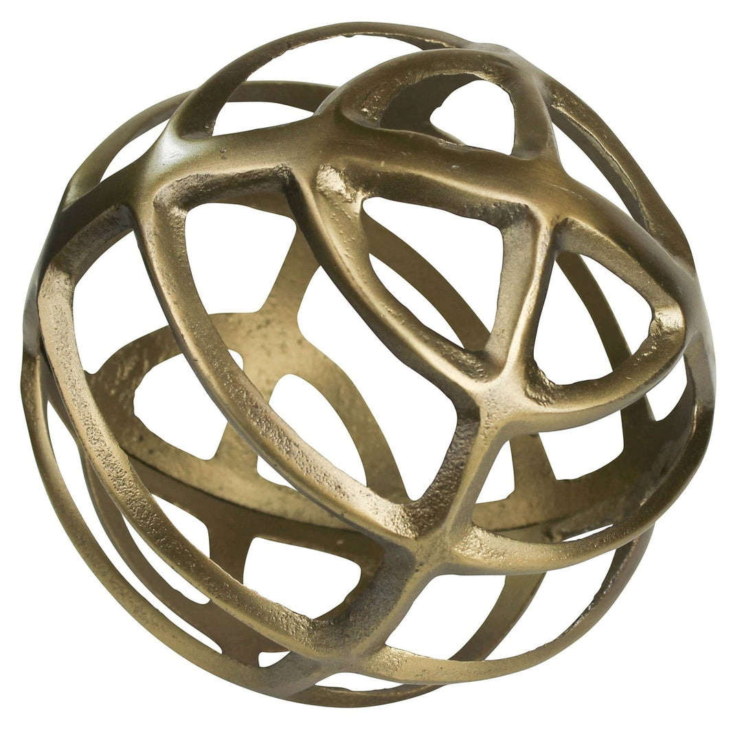 Chic Collective gold metal geometric sphere with an open, intersecting rod design. Modern decorative accent.