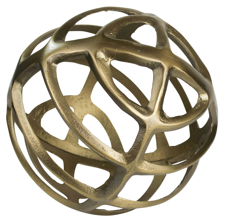 Chic Collective gold metal geometric sphere with an open, intersecting rod design. Modern decorative accent.