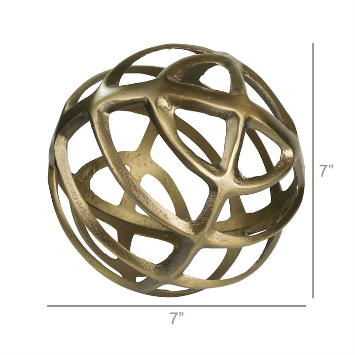 Chic Collective gold metal geometric sphere, 7" H x 7" W x 7" D, open orb design with intersecting rods.