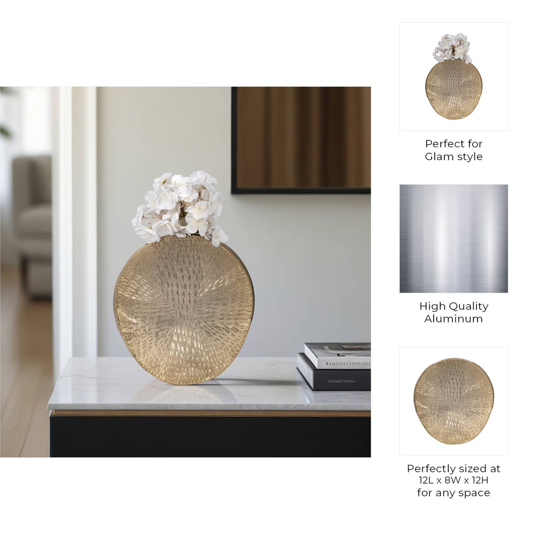 Chic Collective metallic gold aluminum vase with textured surface and white flowers, 12x8x12 inches.