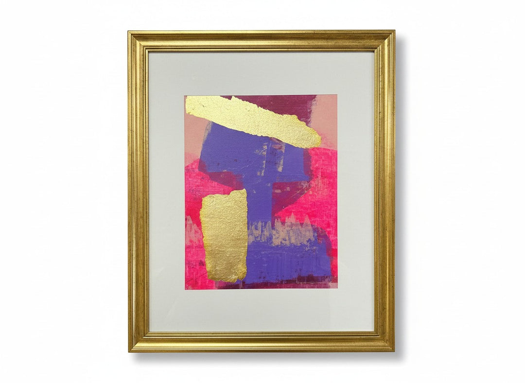 Chic Collective Golden Divide abstract art with violet, fuchsia, and gold leaf on a white background, framed in gold.