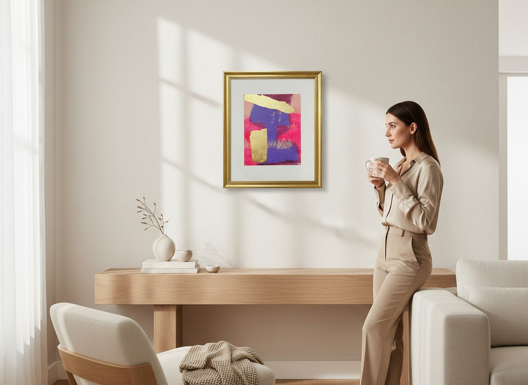 Chic Collective Golden Divide abstract art with violet, fuchsia, and gold leaf. Framed in antique gold.
