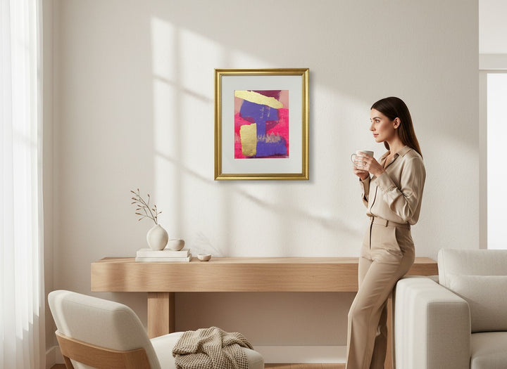 Chic Collective Golden Divide abstract art with violet, fuchsia, and gold leaf. Framed in antique gold.
