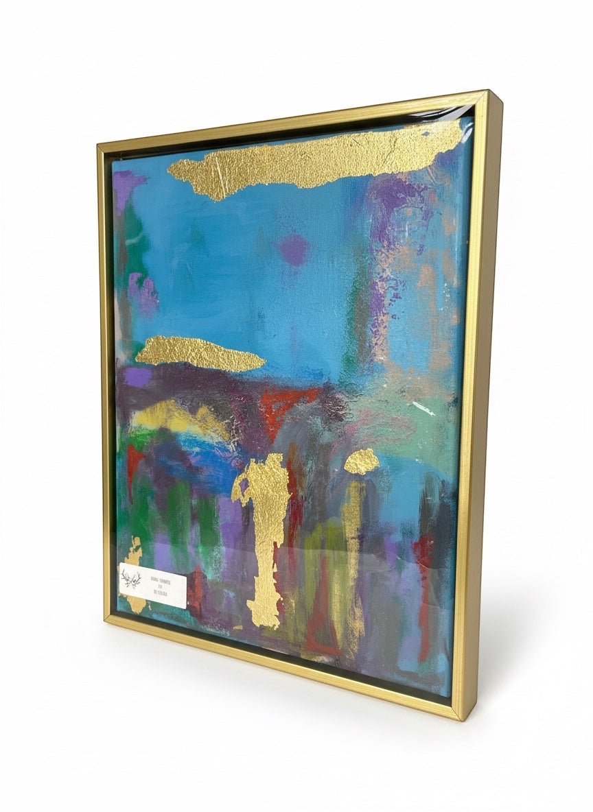 Chic Collective Golden Echoes abstract painting with teal, plum, green, lavender, and gold leaf accents. Framed in gold.