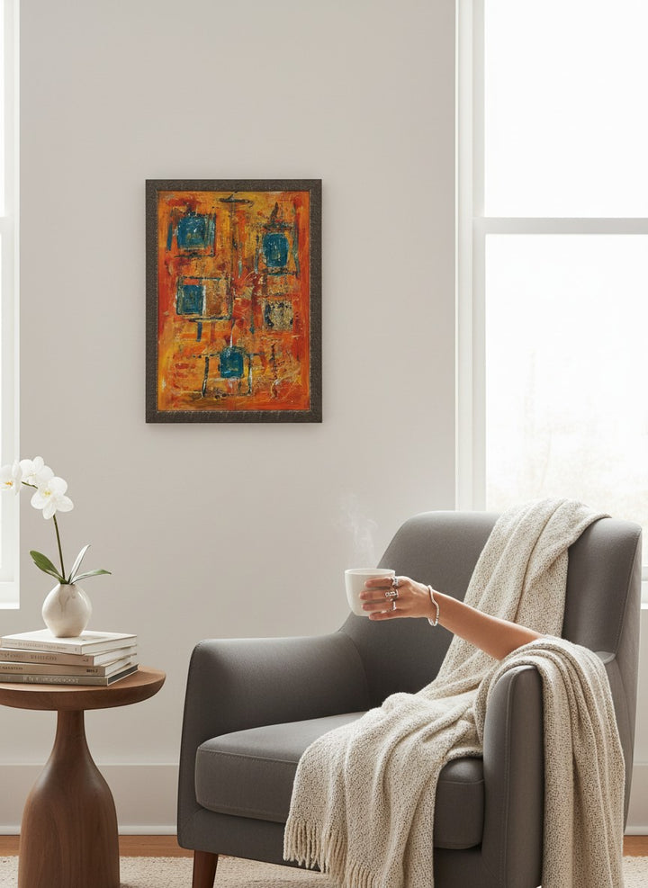 Chic Collective Golden Echoes abstract painting with saffron, amber, orange, coral, and turquoise hues. Textured with gold leaf.