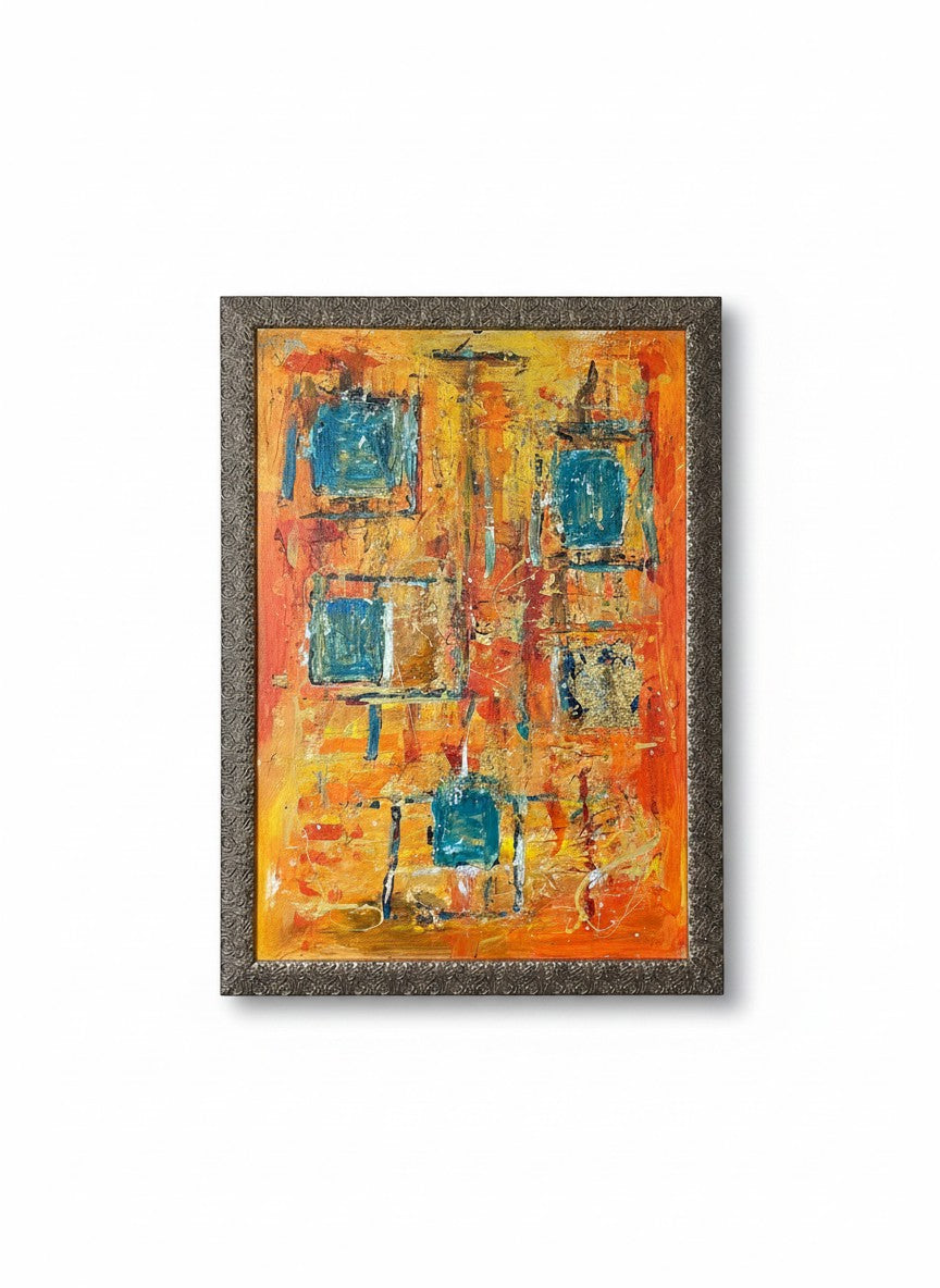 Chic Collective Golden Echoes abstract painting with saffron, amber, orange, coral, and turquoise hues. Textured with gold leaf.