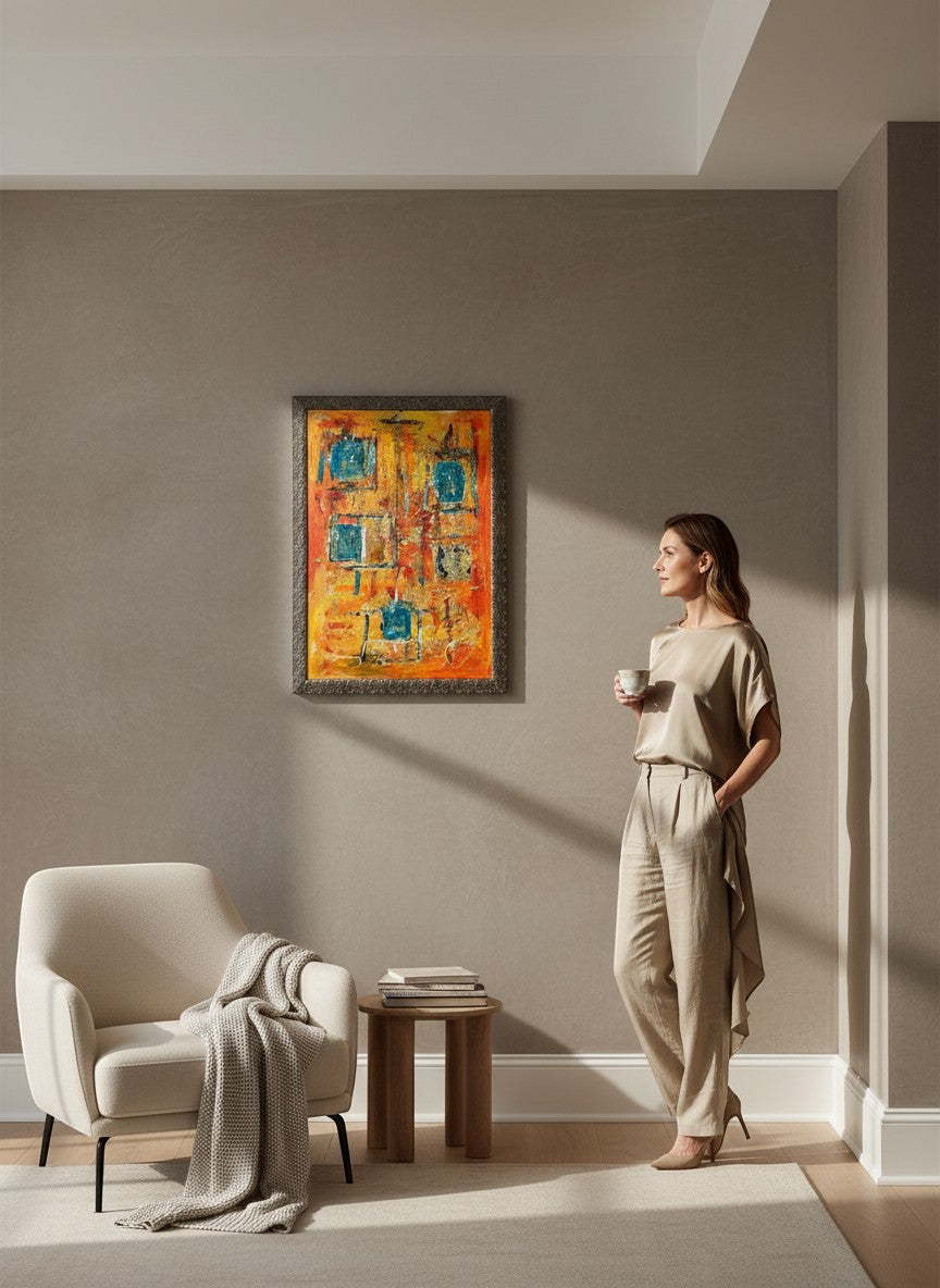 Chic Collective Golden Echoes abstract painting with saffron, amber, orange, coral, and turquoise hues, textured brushwork, and gold leaf details.
