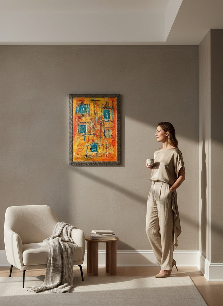 Chic Collective Golden Echoes abstract painting with saffron, amber, orange, coral, and turquoise hues, textured brushwork, and gold leaf details.