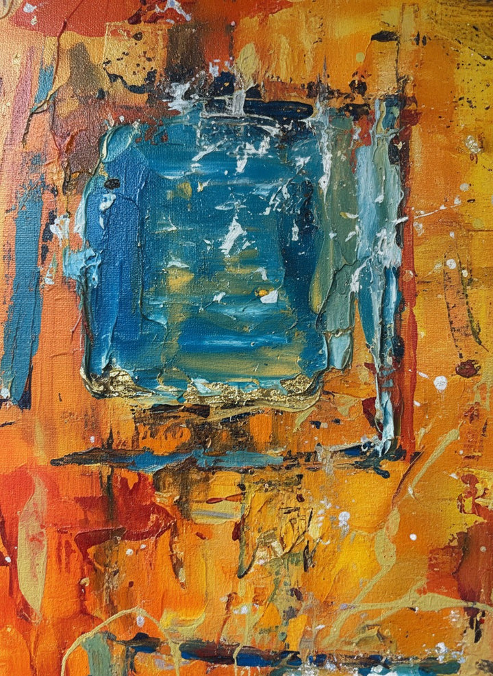 Chic Collective Golden Echoes abstract painting with saffron, amber, orange, coral, and turquoise hues. Textured with gold leaf.