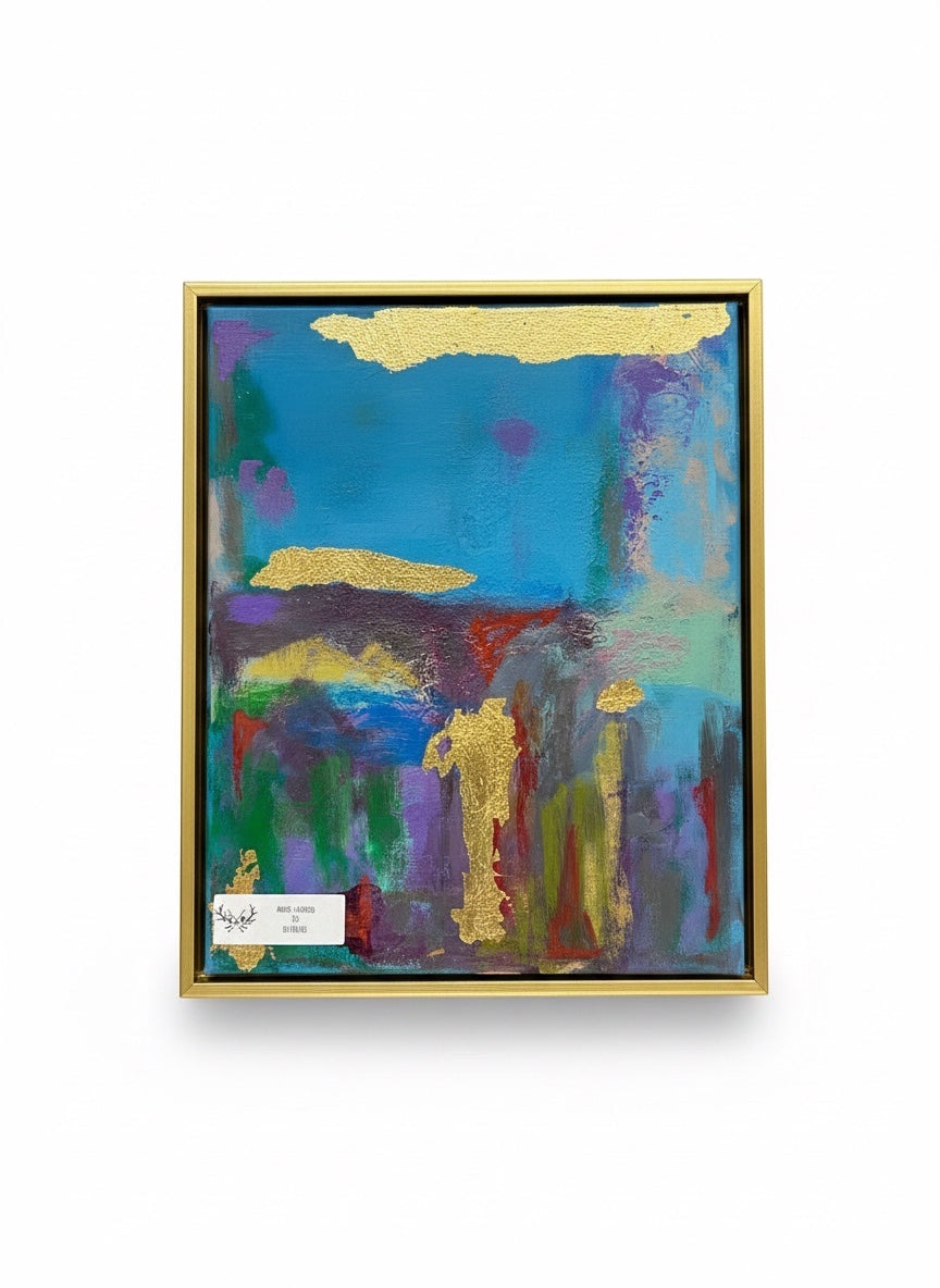 Chic Collective Golden Echoes abstract painting with teal, plum, green, lavender, and gold leaf accents. Framed in gold.