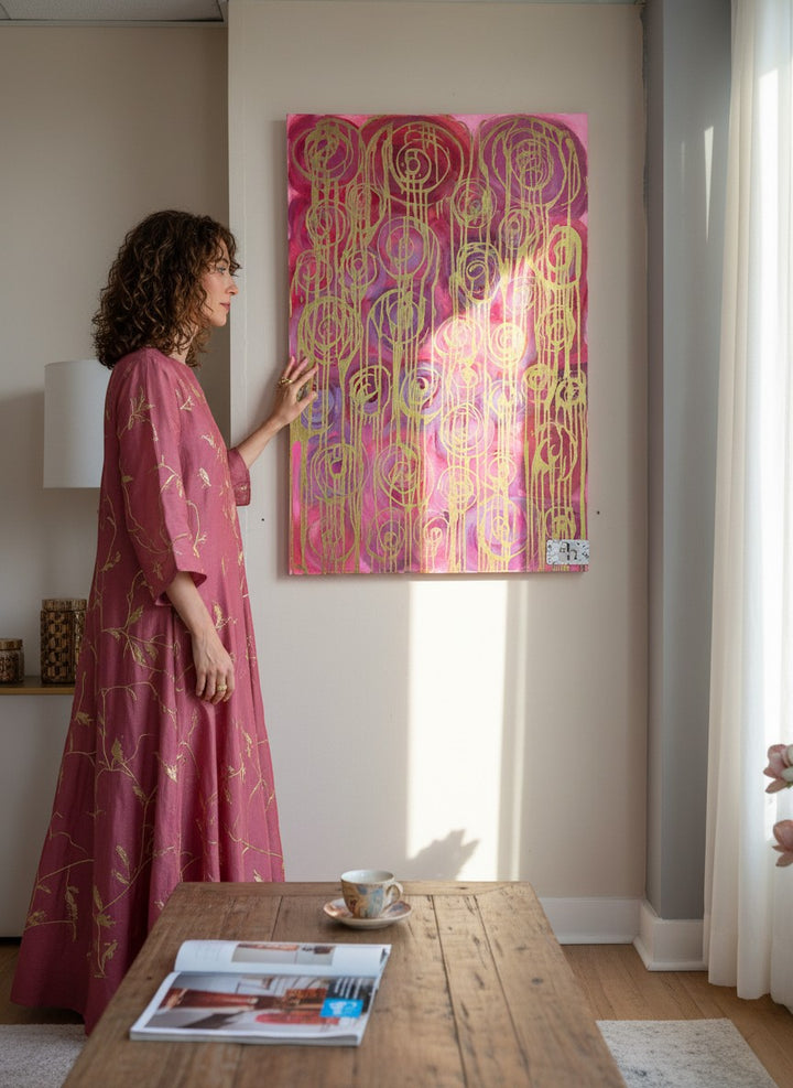 Chic Collective Golden Frequency abstract art with gold linear forms on magenta, orchid, fuchsia, violet watercolor washes.