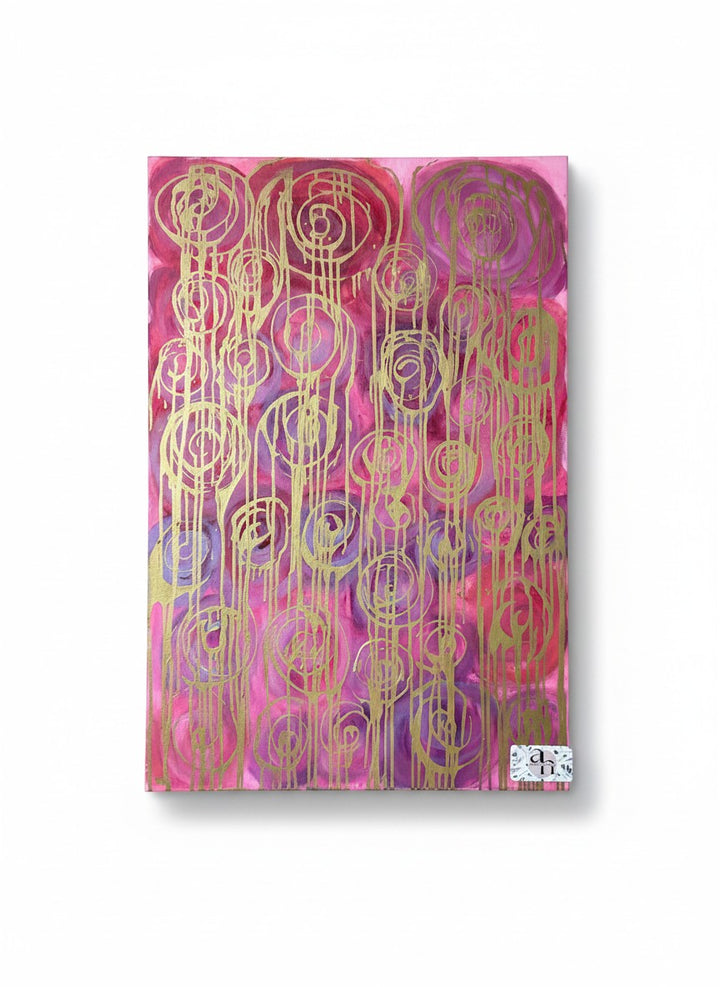 Chic Collective Golden Frequency abstract art painting with gold linear forms and magenta, orchid, fuchsia, violet watercolor washes.