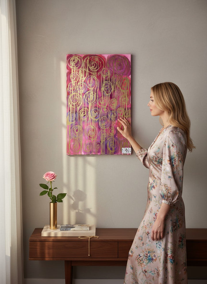 Chic Collective Golden Frequency abstract art with gold linear forms on magenta, orchid, fuchsia, and violet background.