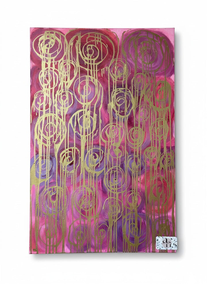 Chic Collective Golden Frequency abstract painting with cascading gold linear forms on magenta, orchid, fuchsia, and violet background.