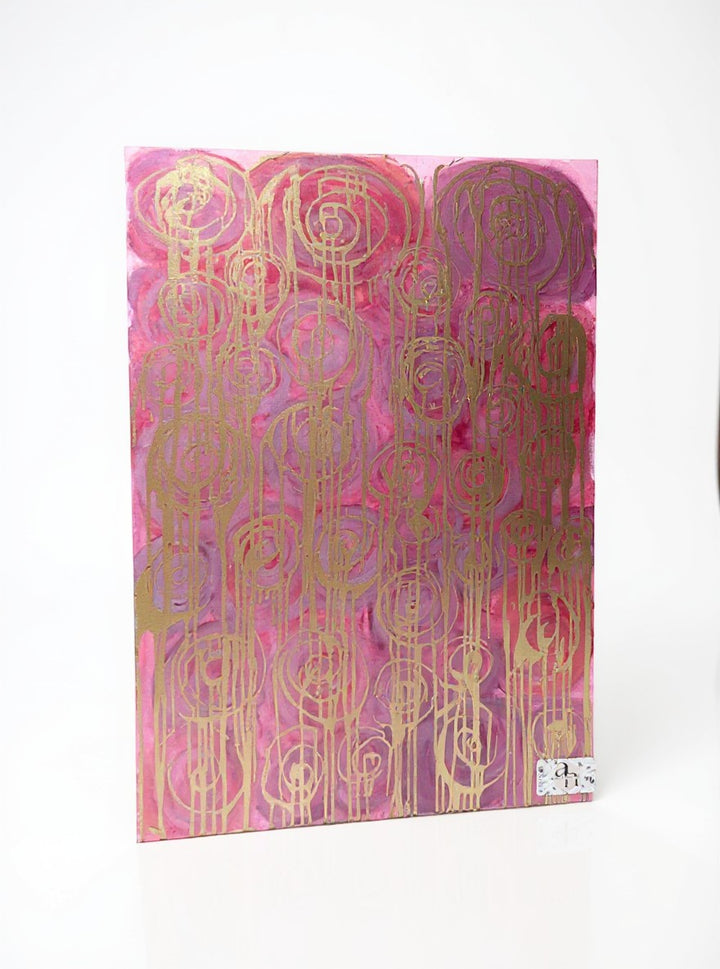 Chic Collective Golden Frequency abstract painting with gold linear forms on magenta, orchid, fuchsia, and violet watercolor washes.