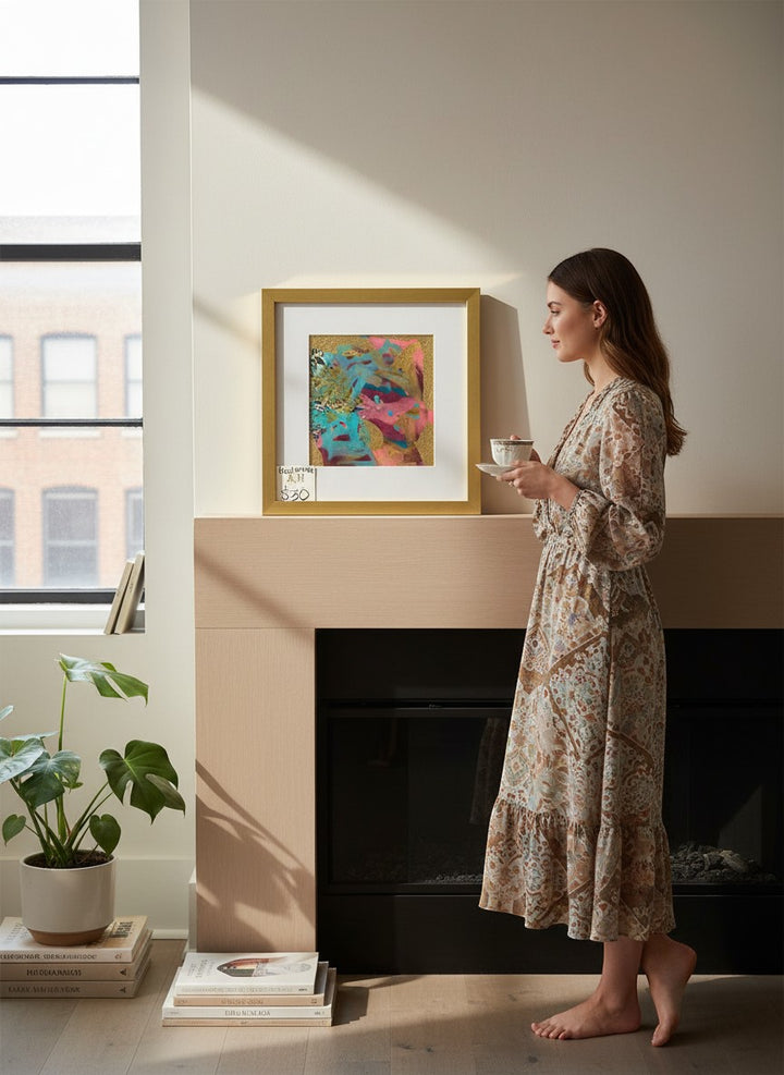 Chic Collective Golden Garden Notes abstract art with burgundy, turquoise, and gold leaf accents, framed in gold.