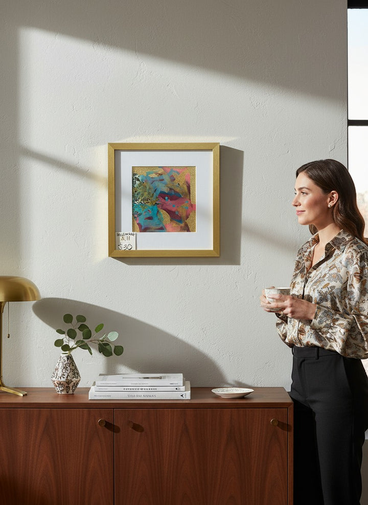 Chic Collective Golden Garden Notes abstract art with burgundy, turquoise, and gold leaf accents, framed in gold.