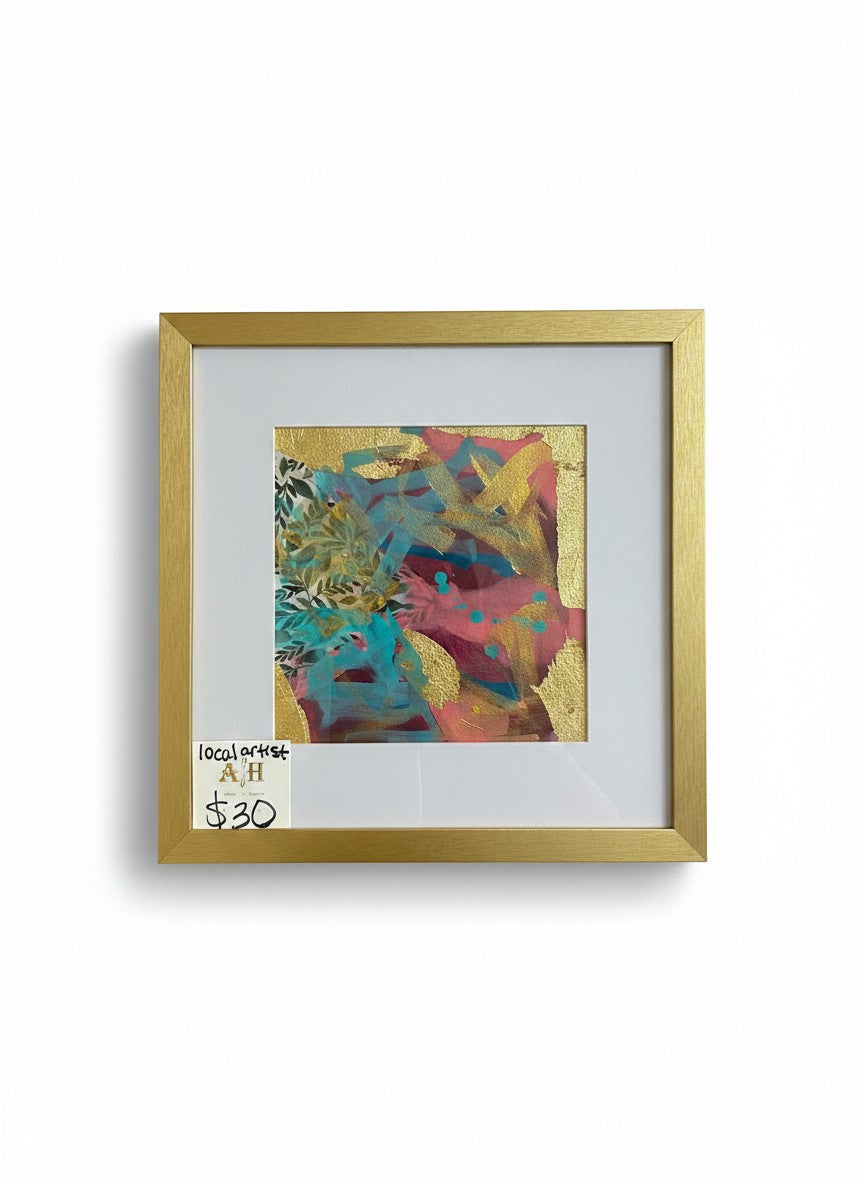 Chic Collective Golden Garden Notes abstract art with burgundy, turquoise, and gold leaf accents, framed in gold.