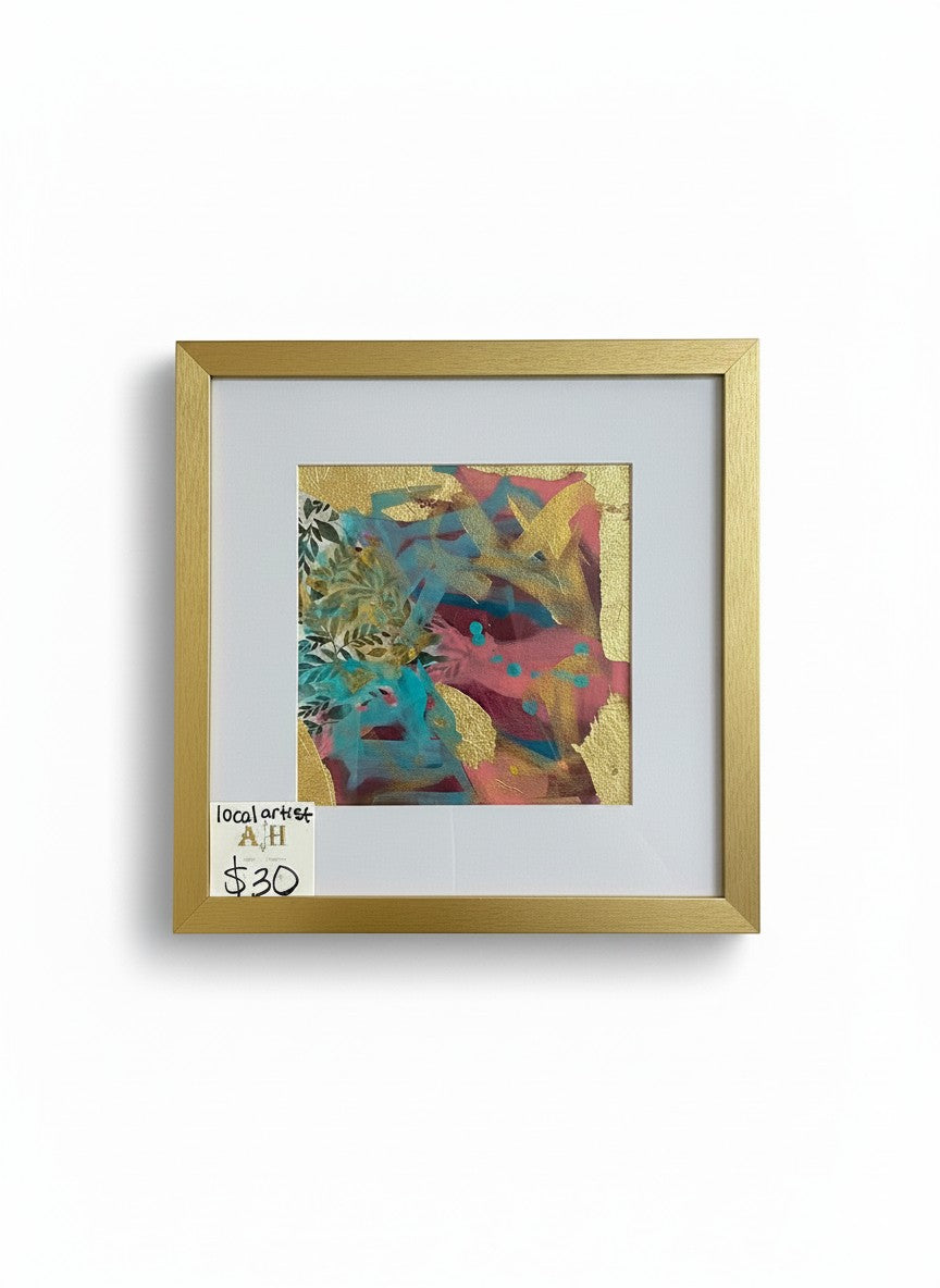 Chic Collective Golden Garden Notes abstract art with burgundy, turquoise, and gold leaf accents, framed in gold.