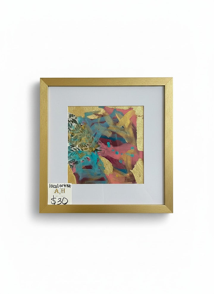 Chic Collective Golden Garden Notes abstract art with burgundy, turquoise, and gold leaf accents, framed in gold.