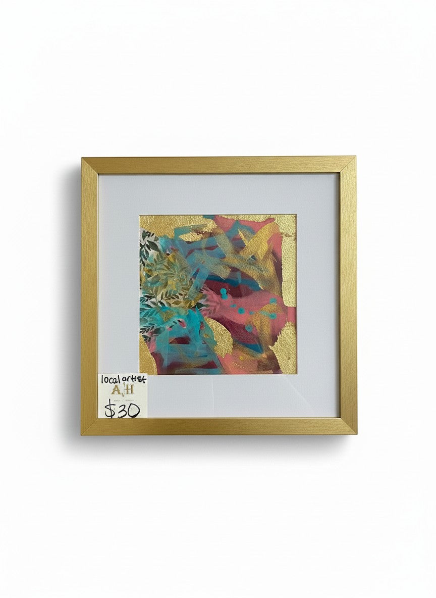 Chic Collective Golden Garden Notes abstract art with burgundy, turquoise, and gold leaf accents, framed in gold.