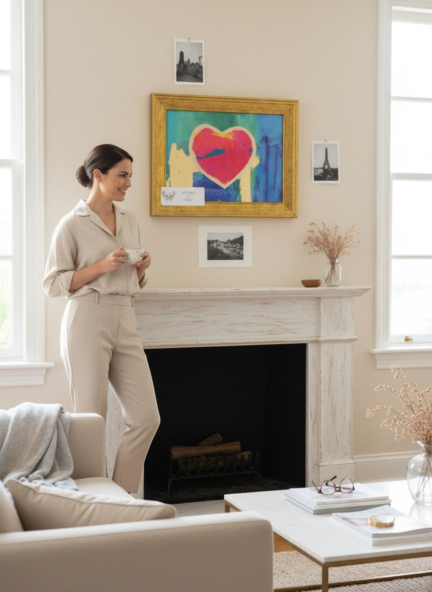 Chic Collective abstract landscape painting with blush, electric blue, and gold hues. Framed art with layered texture and metallic finish.