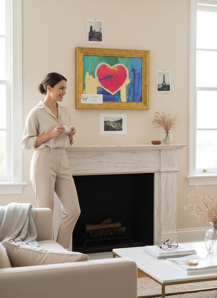 Chic Collective abstract landscape painting with blush, electric blue, and gold hues. Framed art with layered texture and metallic finish.