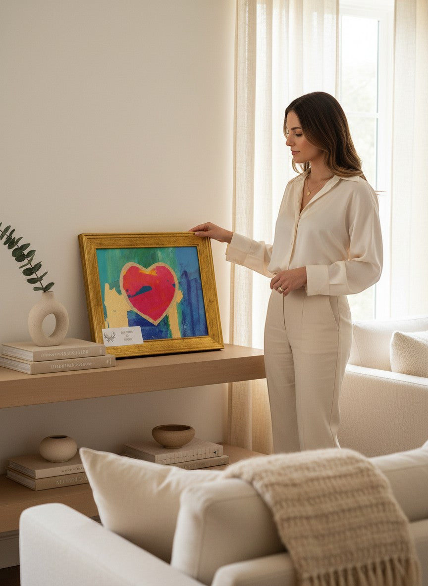 Chic Collective Golden Horizon abstract heart painting with blush, blue, and gold hues. Textured metallic finish.