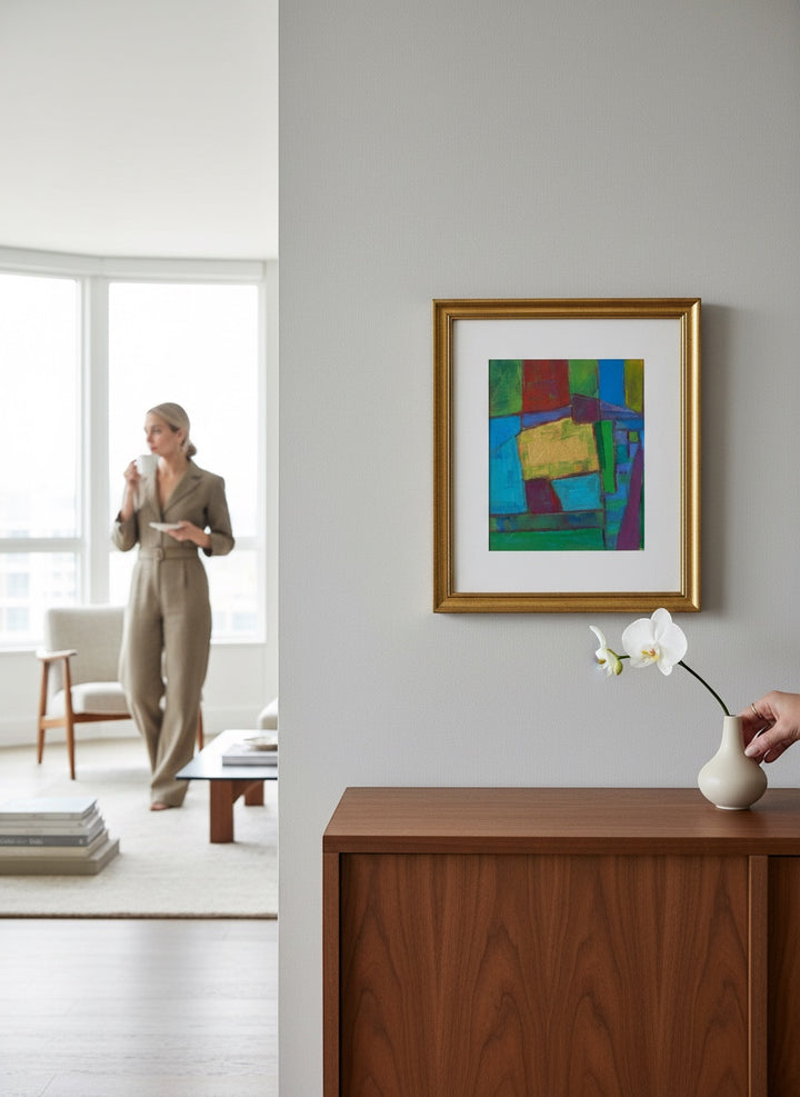 Chic Collective Golden Interlude abstract art with jewel tones and gold leaf accents, framed in antique gold.