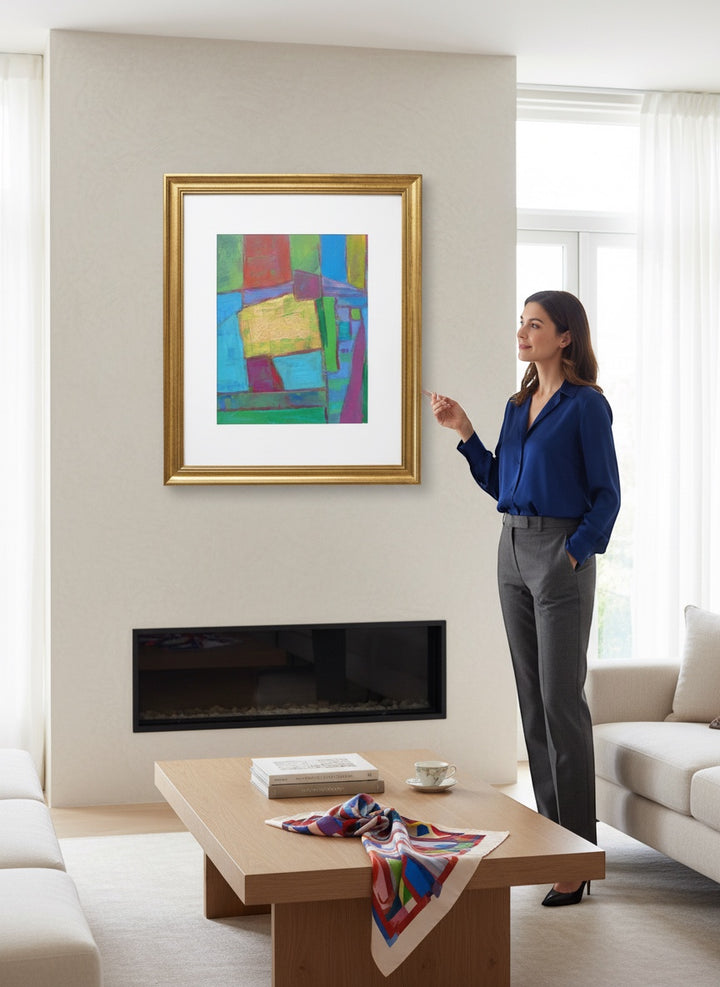 Chic Collective Golden Interlude abstract painting with jewel tones and gold leaf accents, framed in antique gold.