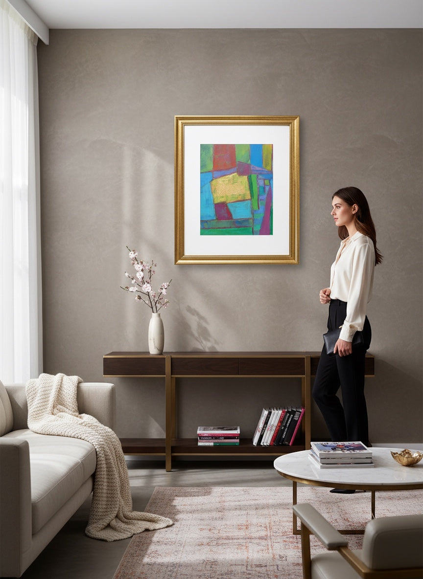 Chic Collective Golden Interlude abstract art with jewel tones and gold leaf in antique gold frame.